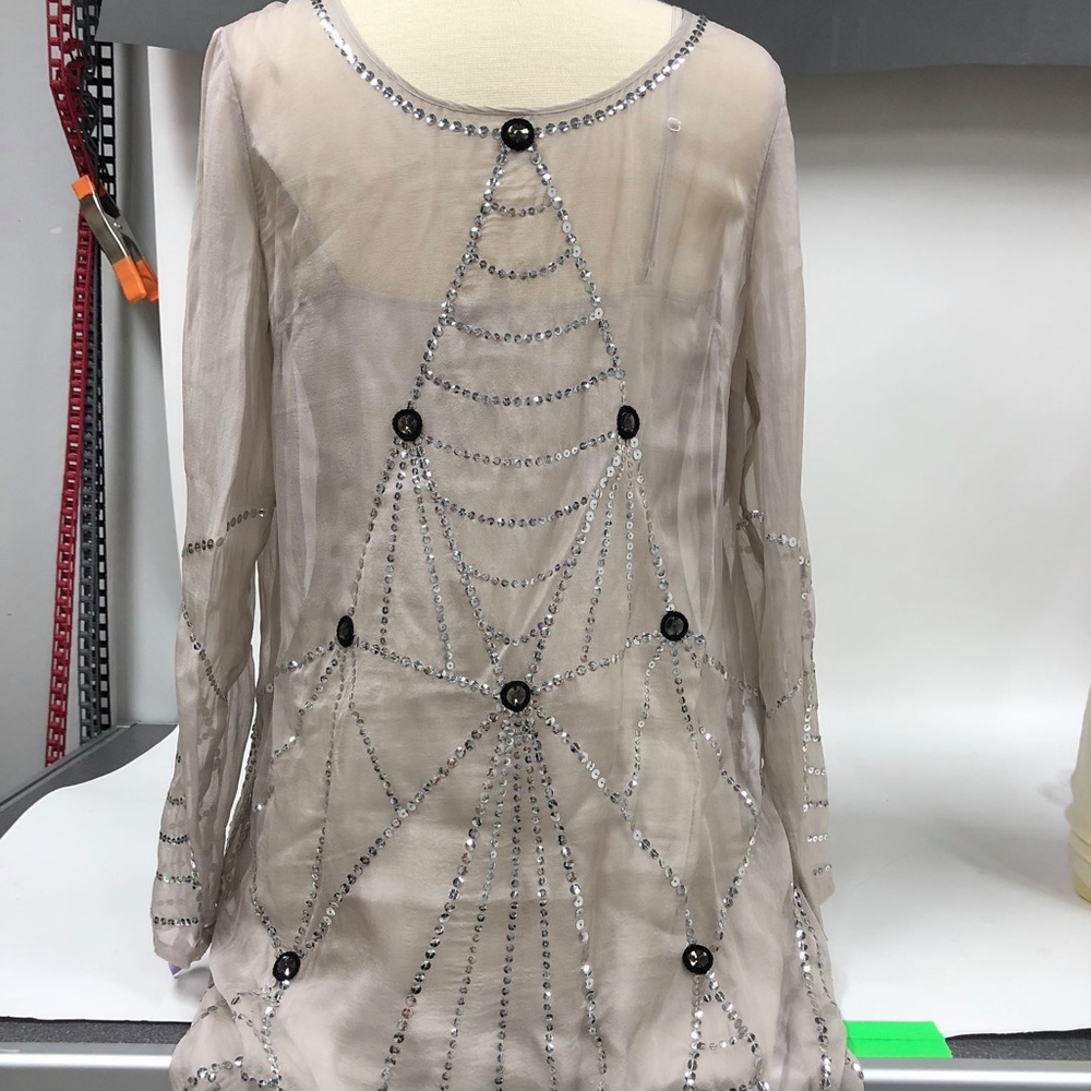 ALICE by Temperley Sheer Embellished Dress in Cream and Silver